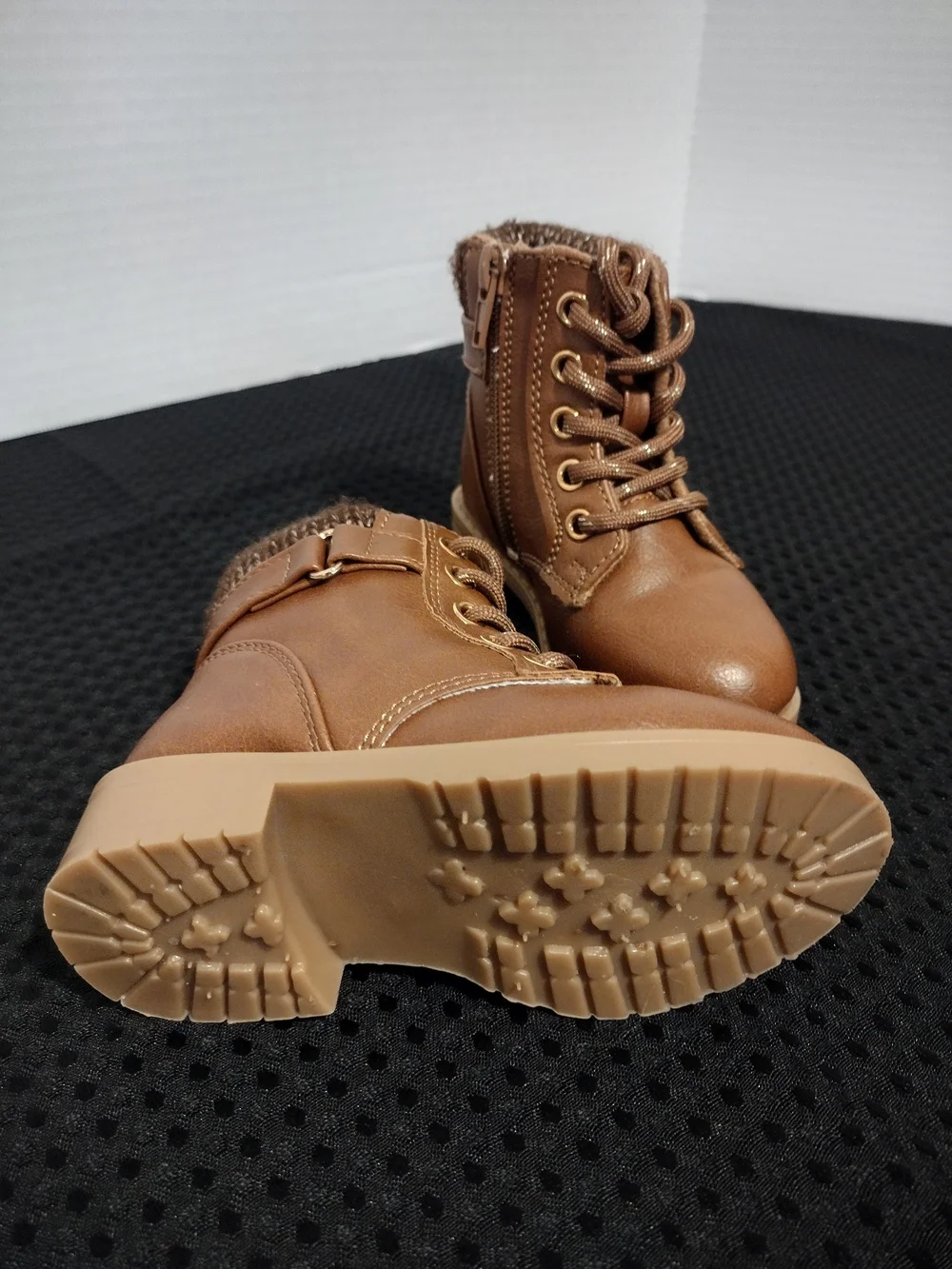Jellypop Brown Faux-Leather Lace-Up Kids Ankle Boots with Knit Cuff